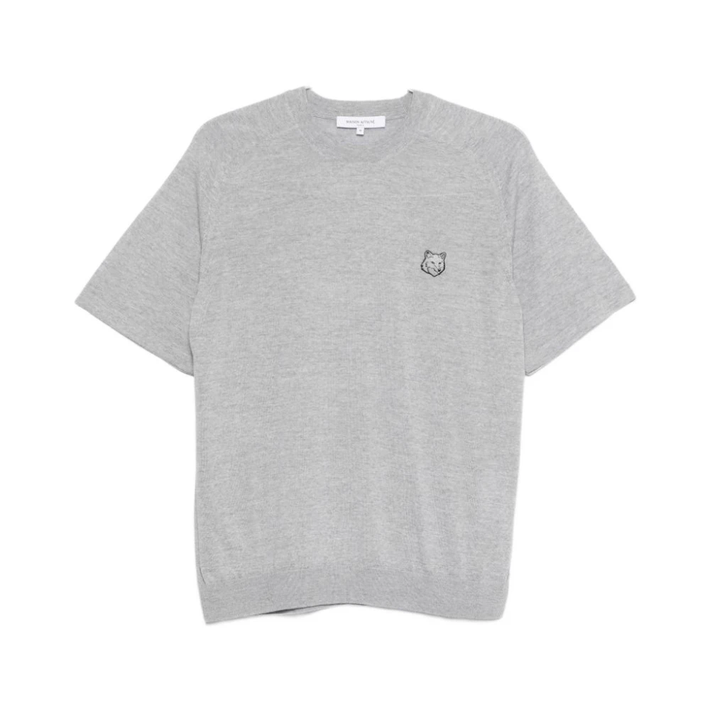 Maison Kitsuné Men's Gray Round-Neck Knitwear, S, Fox Head Short Sleeve Jumper