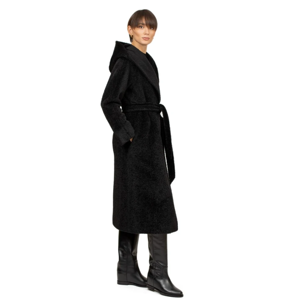 Max Mara Studio Lange Zwarte Alpaca Wollen Jas met Capuchon Black Dames