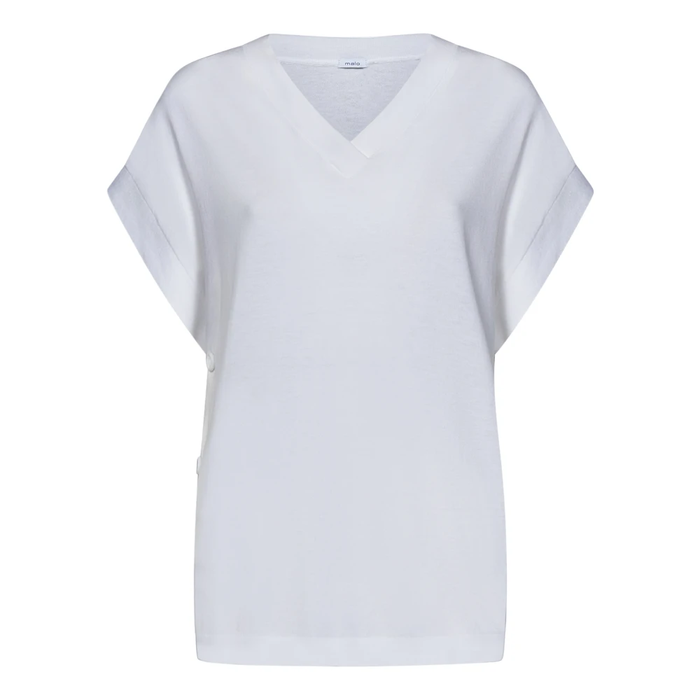 Malo Witte Geribbelde V-hals T-shirts en Polos White Dames