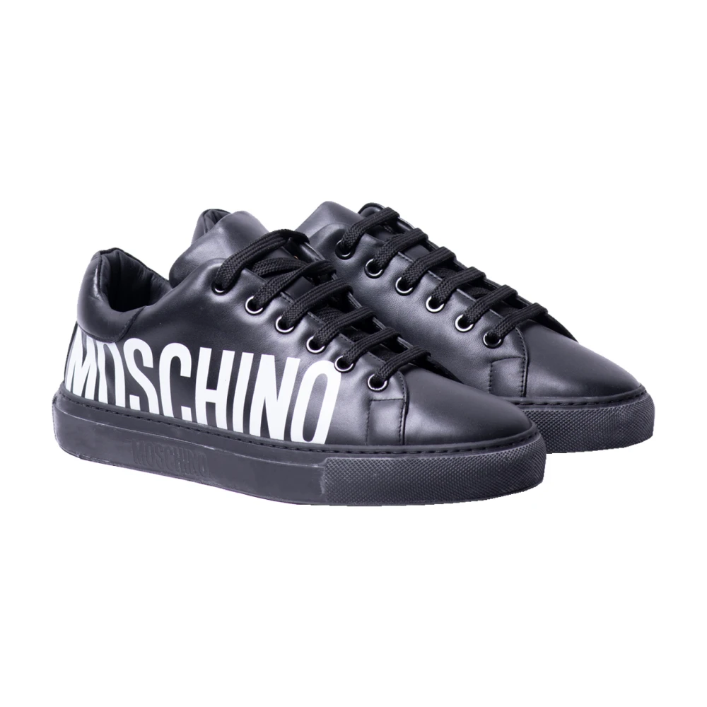 Moschino Zwarte Logo Print Leren Sneakers Black Dames