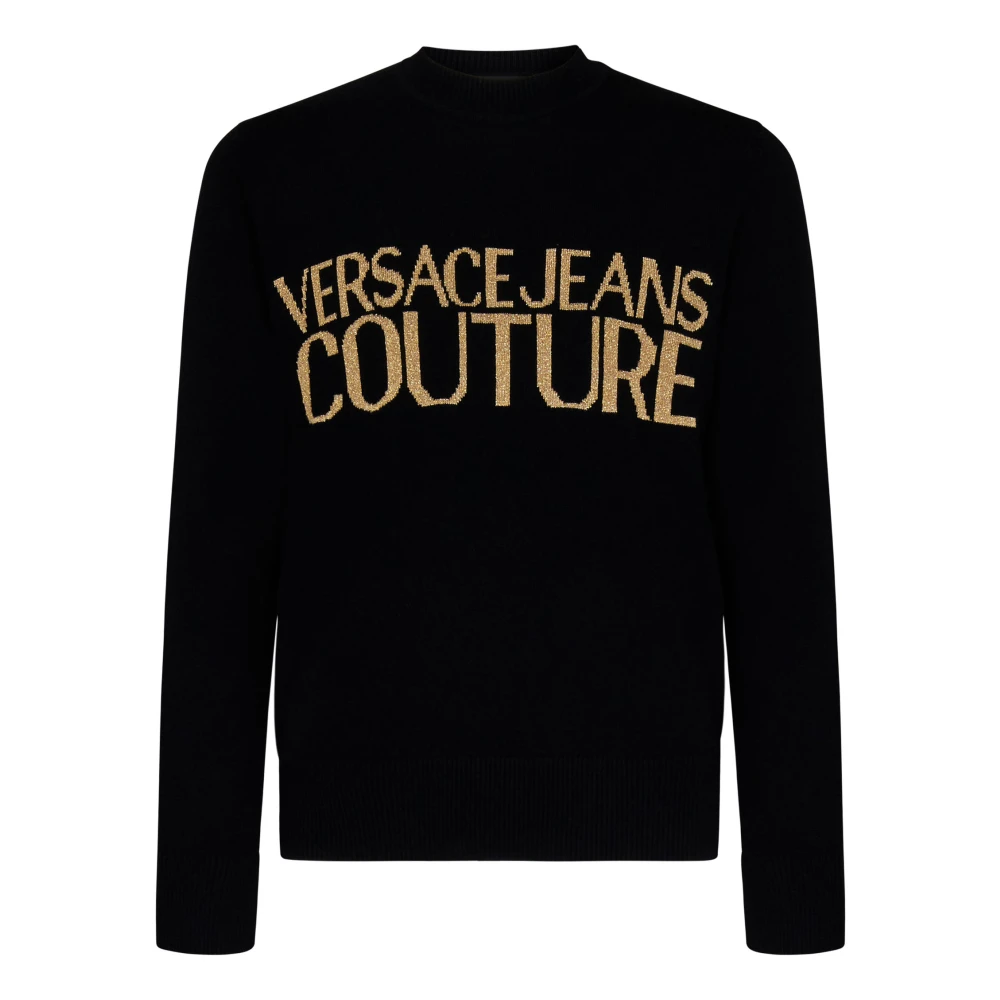 Versace Jeans Couture Zwarte Wol Kasjmier Trui met Jacquard Logo Black Heren