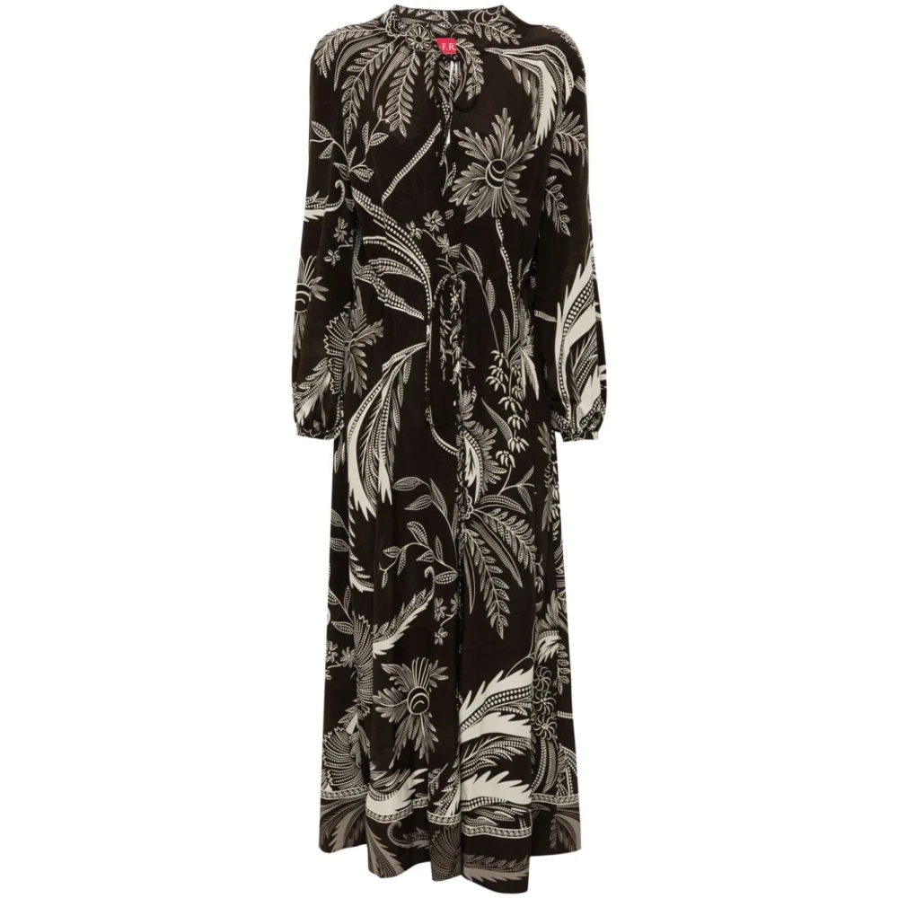 F.r.s For Restless Sleepers Zijden jurk met botanische print Brown Dames