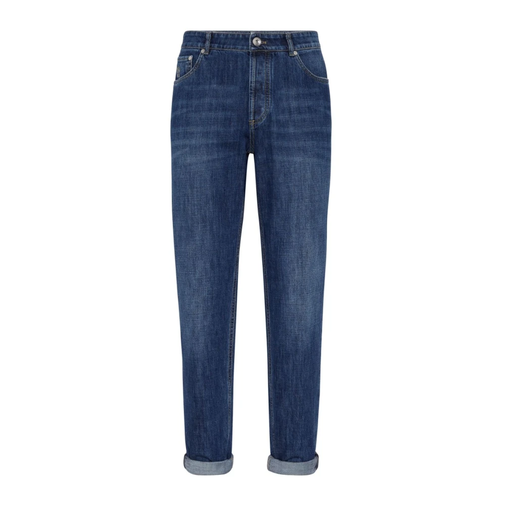 BRUNELLO CUCINELLI Blauwe Denim Broek Logo Patch Blue Heren