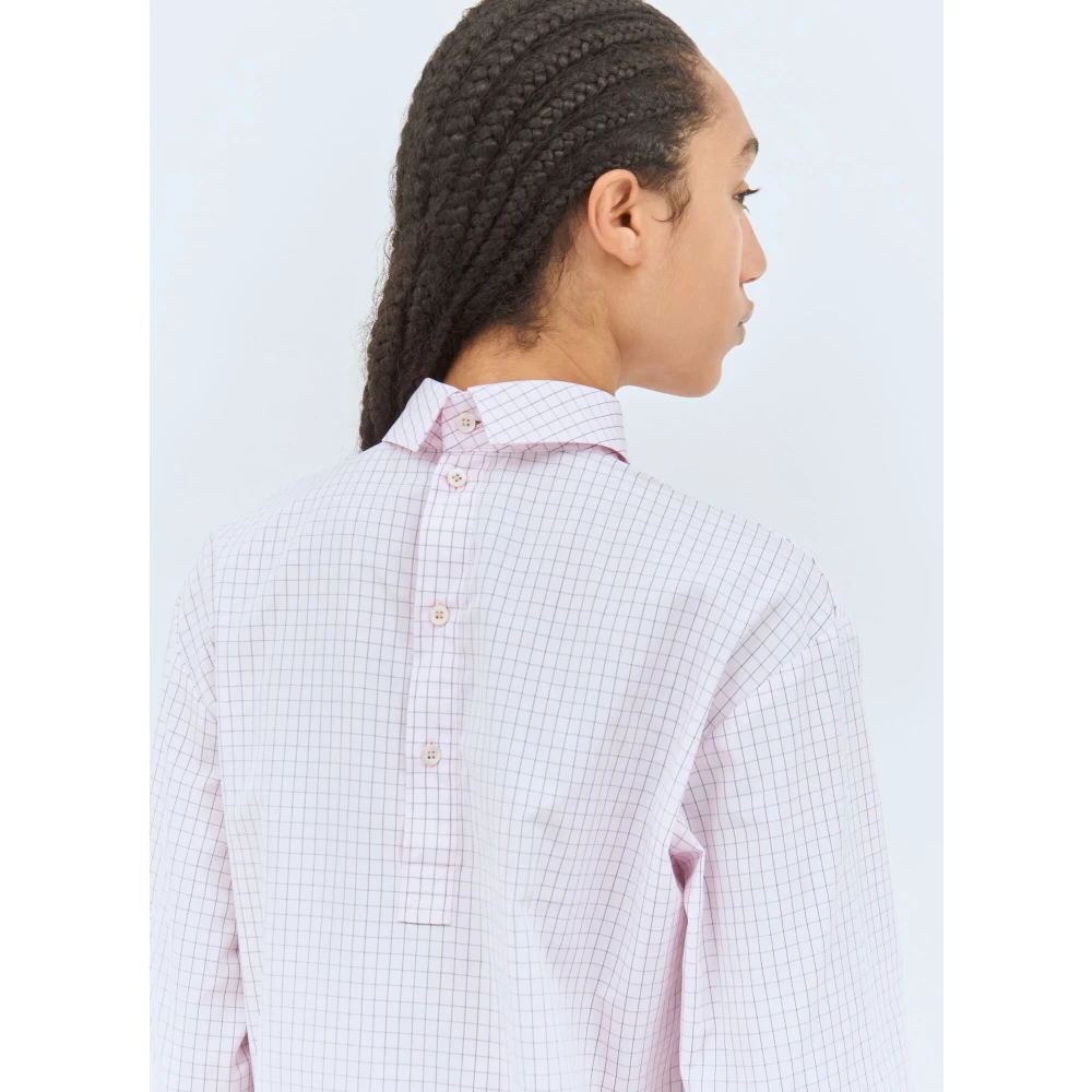 Dries Van Noten Geruit Motief Katoen Poplin Hoge Hals Shirt Pink Dames