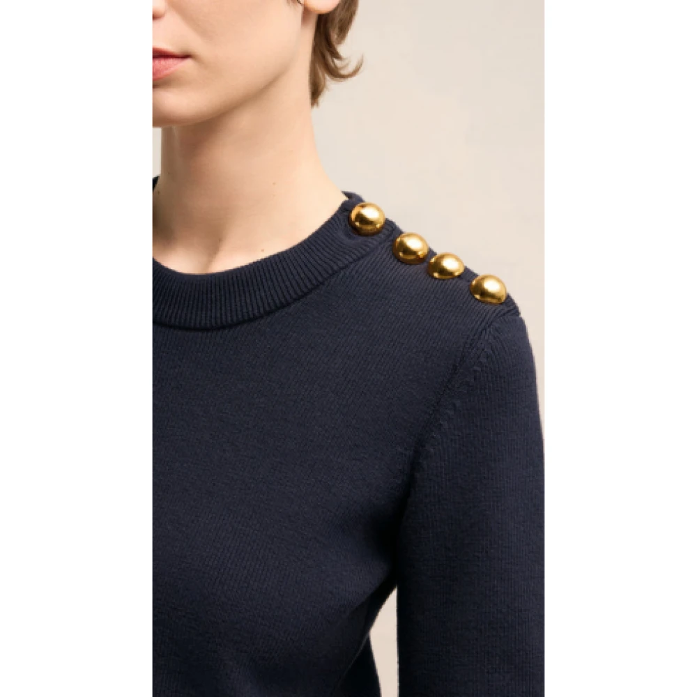 Ami Paris Blauw Gestreepte Luxe Trui met Gouden Knopen Blue Dames