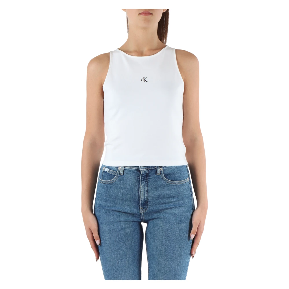 Calvin Klein Jeans Logo Print Lyocell Top Ronde Hals White Dames