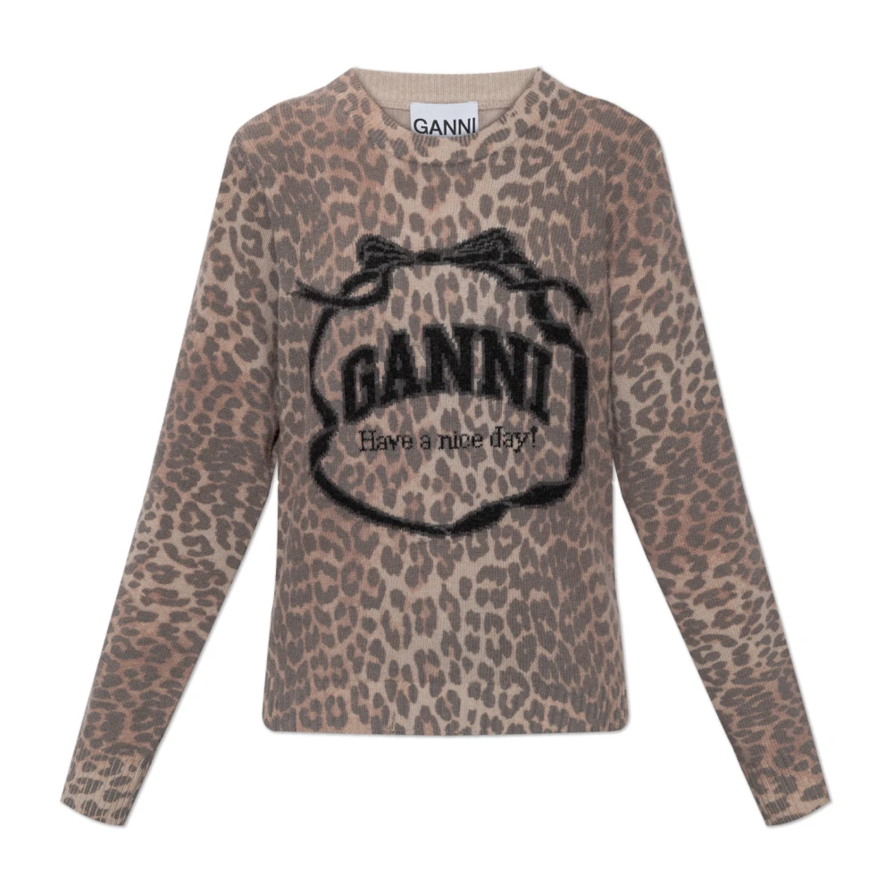 Ganni Women's Brown Round-Neck Knitwear, S, Turtleneck With Animal Motif