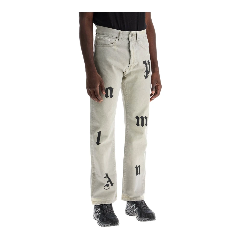 Palm Angels Jeans met bedrukte details en logoletters Gray Heren