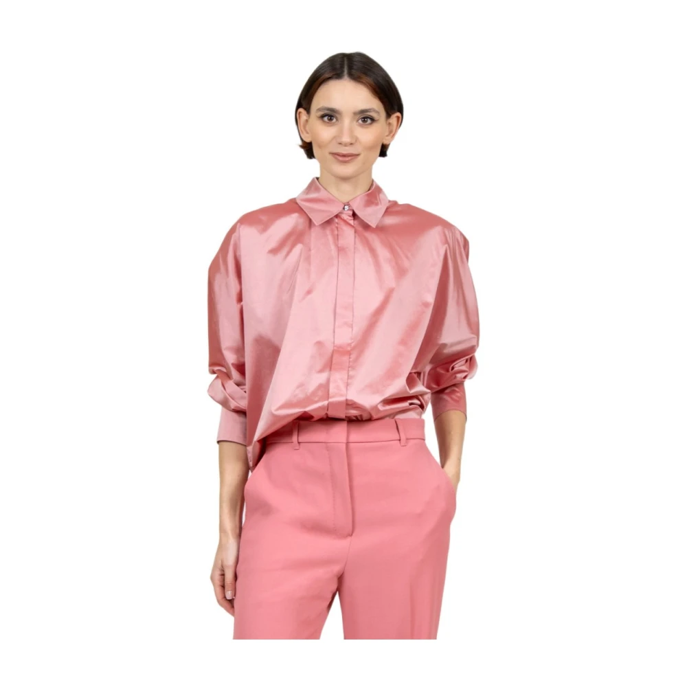 Max Mara Studio Zijden Aquamarijn Shirt Juweelknoop Pink Dames