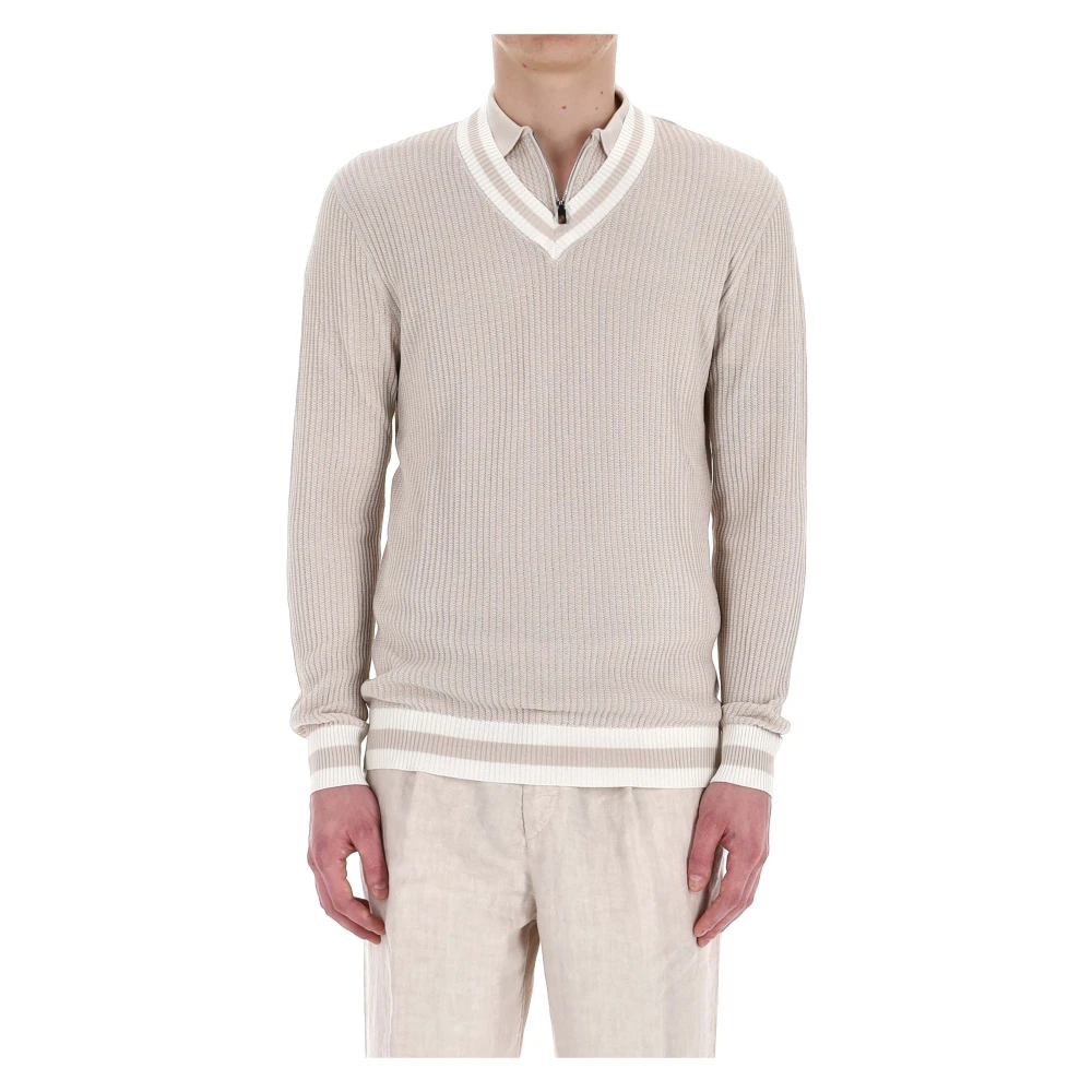 Eleventy Men's Beige Ribbed V-Neck Jumper