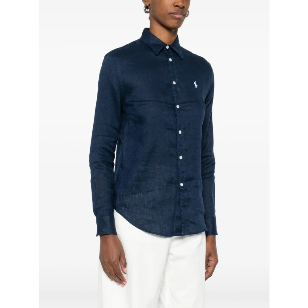 Polo Ralph Lauren Navy Blue Button-Up Shirt met Pony Motif Blue Dames