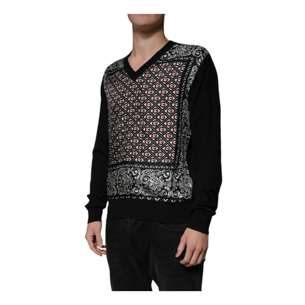Dolce & Gabbana Zwarte Wol V-hals Logo Trui Black Heren