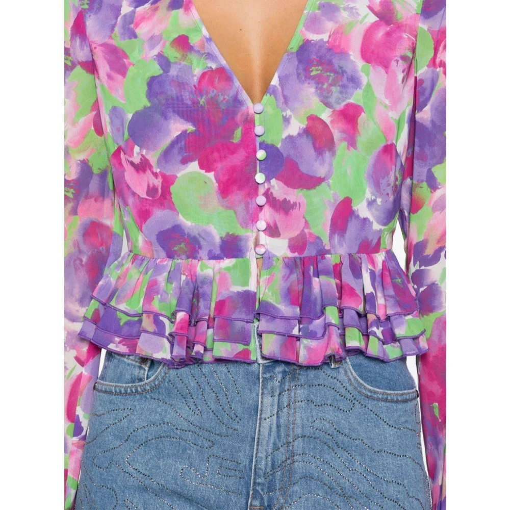 Rotate Birger Christensen Bloemenprint V-hals Ruffle Shirt Multicolor Dames