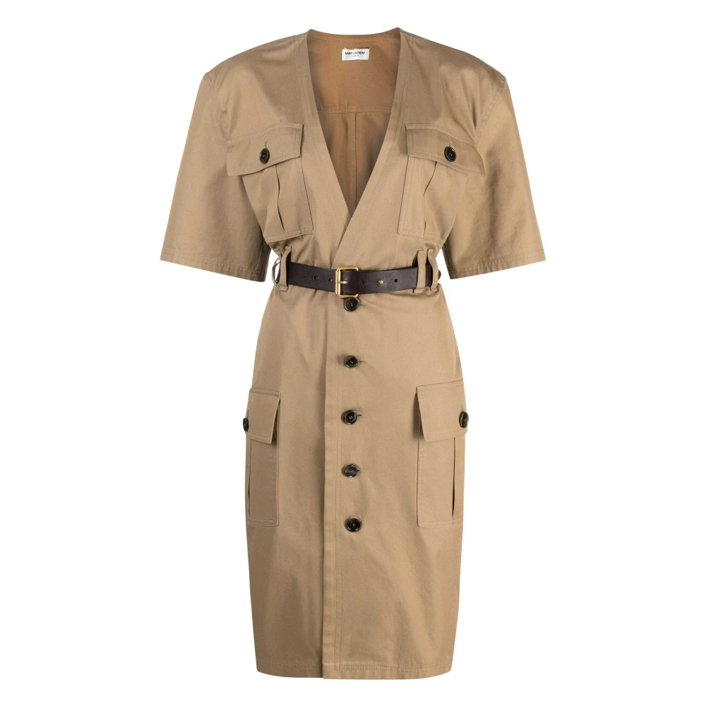 Saint Laurent Belted Cotton Twill Dress Beige Dames