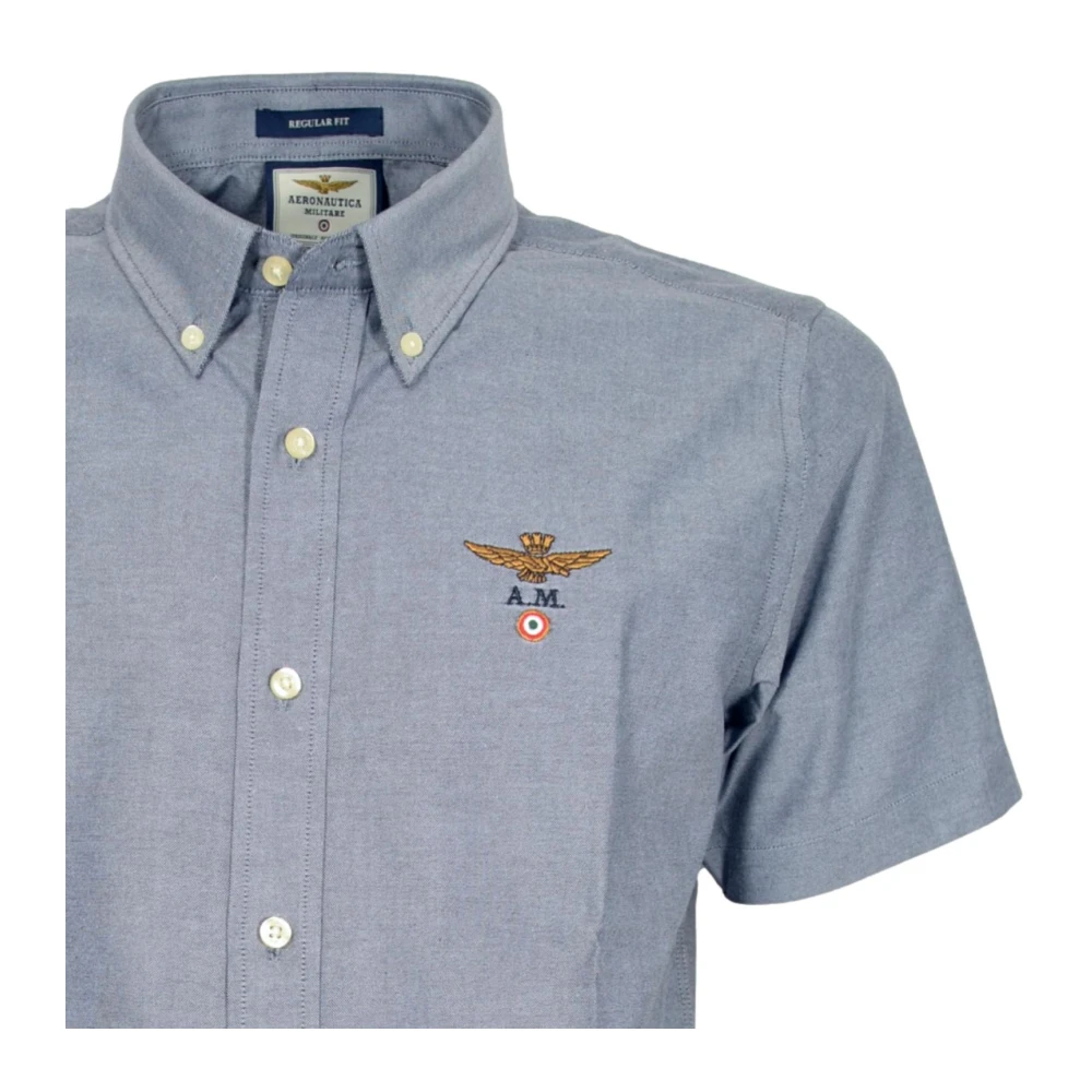 aeronautica militare Blauwe Oxford Overhemd met Korte Mouwen Blue Heren
