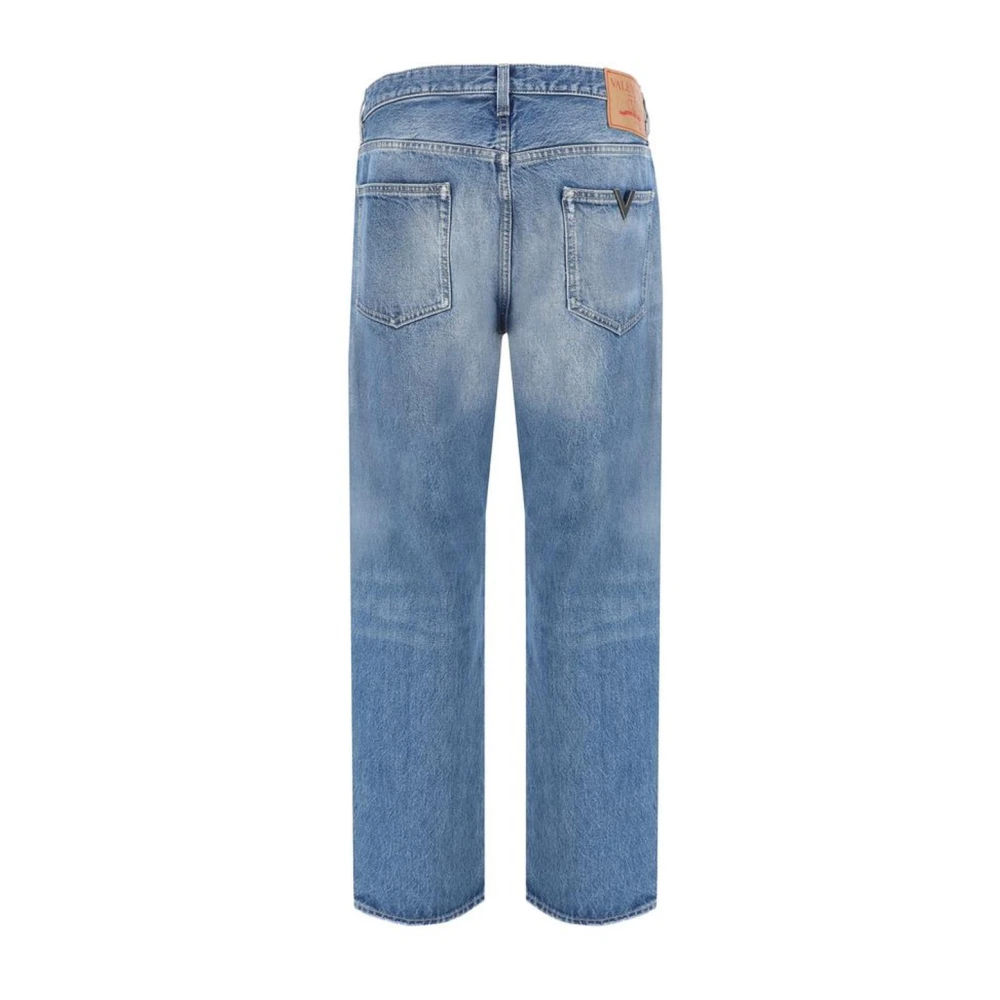 Valentino Metal Plaque Katoenen Jeans met Leren Patch Blue Heren
