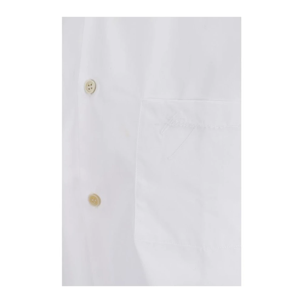 Salvatore Ferragamo Monogram Geborduurd Katoenen Overhemd Klassieke Stijl White Heren