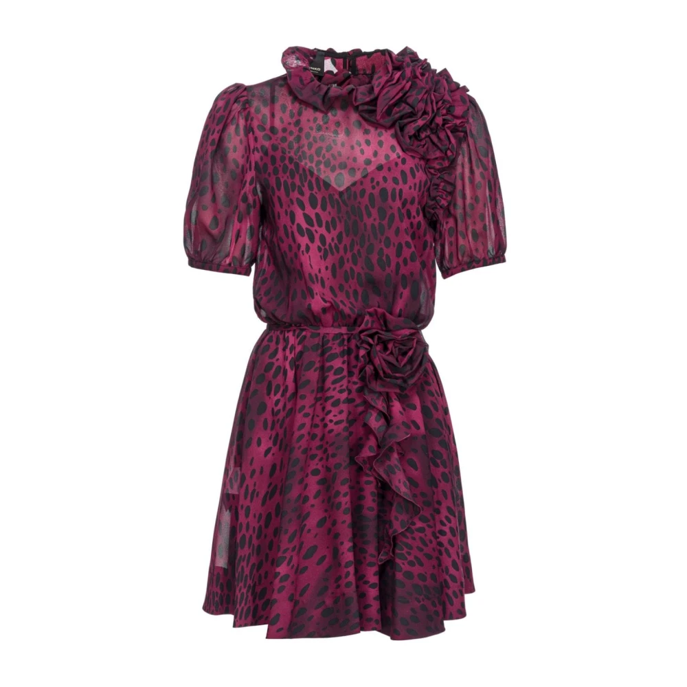 pinko Luipaard Bloemen Gerimpeld Hoge Hals Jurk Red Dames