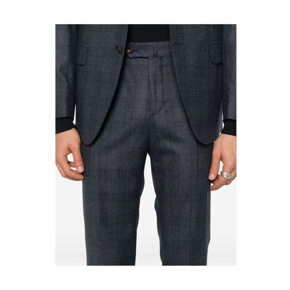 Caruso Navy Blue Wool Plaid Check Suit Blue Heren