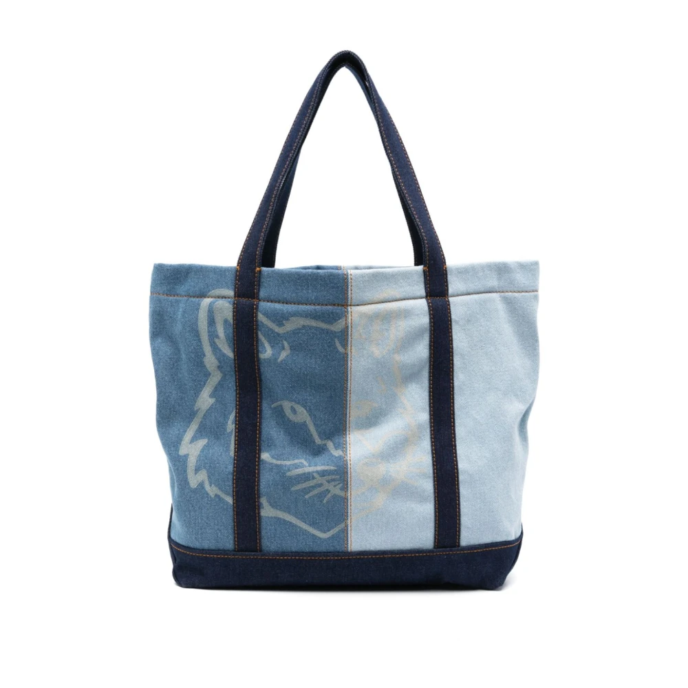 Maison Kitsune Totes & shoppers Fox Head Logo Denim Tote Bag in blauw