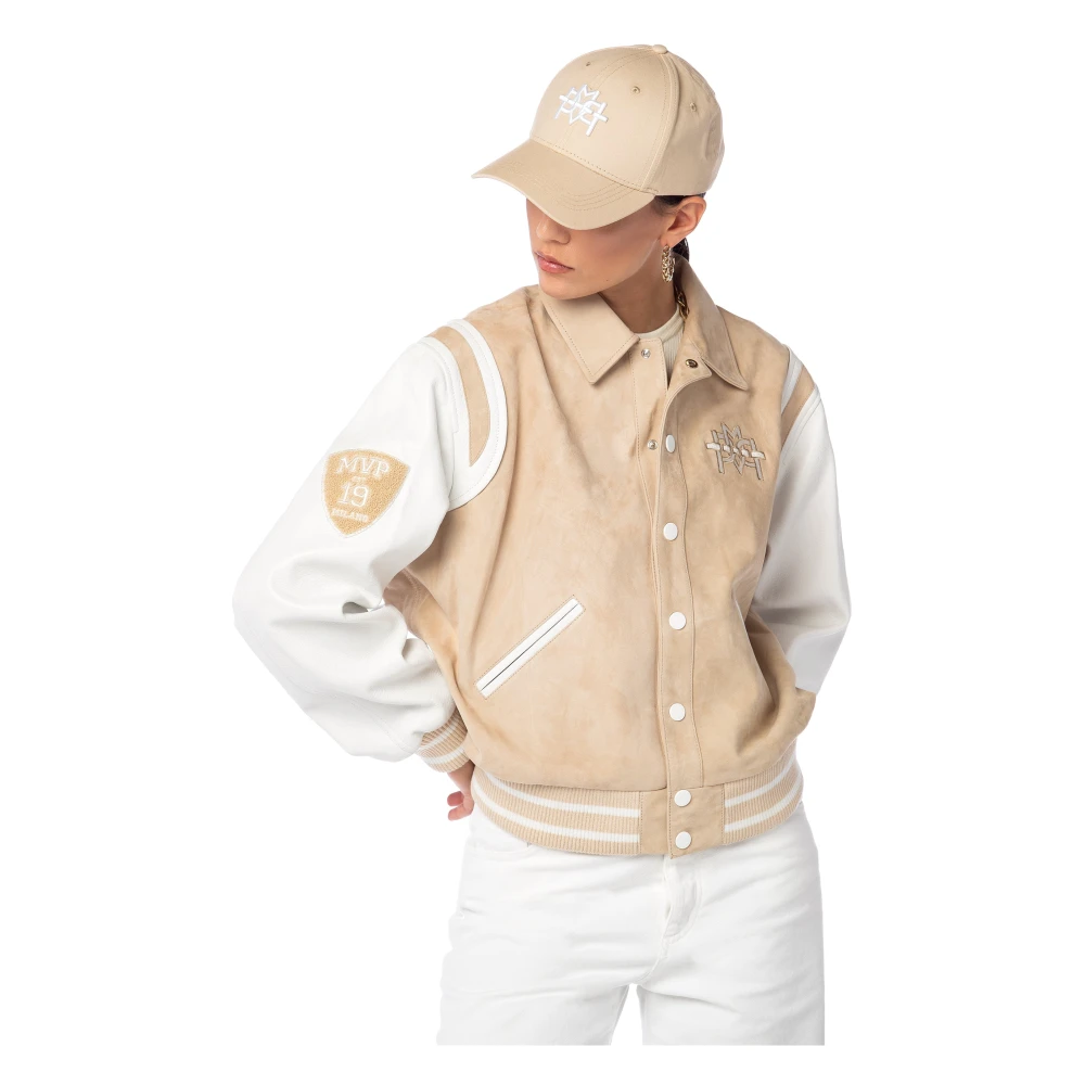 MVP wardrobe Suède Leren Bomberjack met Patchwork Logo Beige Dames