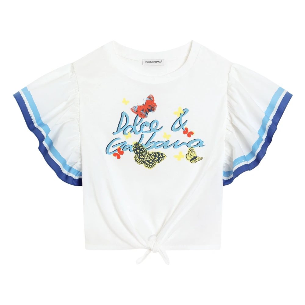 Dolce & Gabbana Butterfly Logo Top In White - Female - Kids Short Sleeve T-Shirts - White - 8 Y - Kids