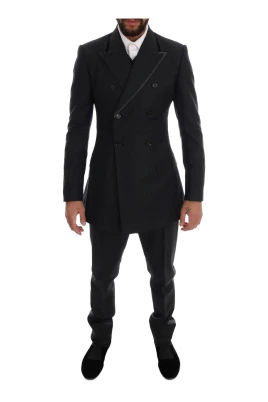 Elegant Grått Ull Dubbelknäppt Kostym