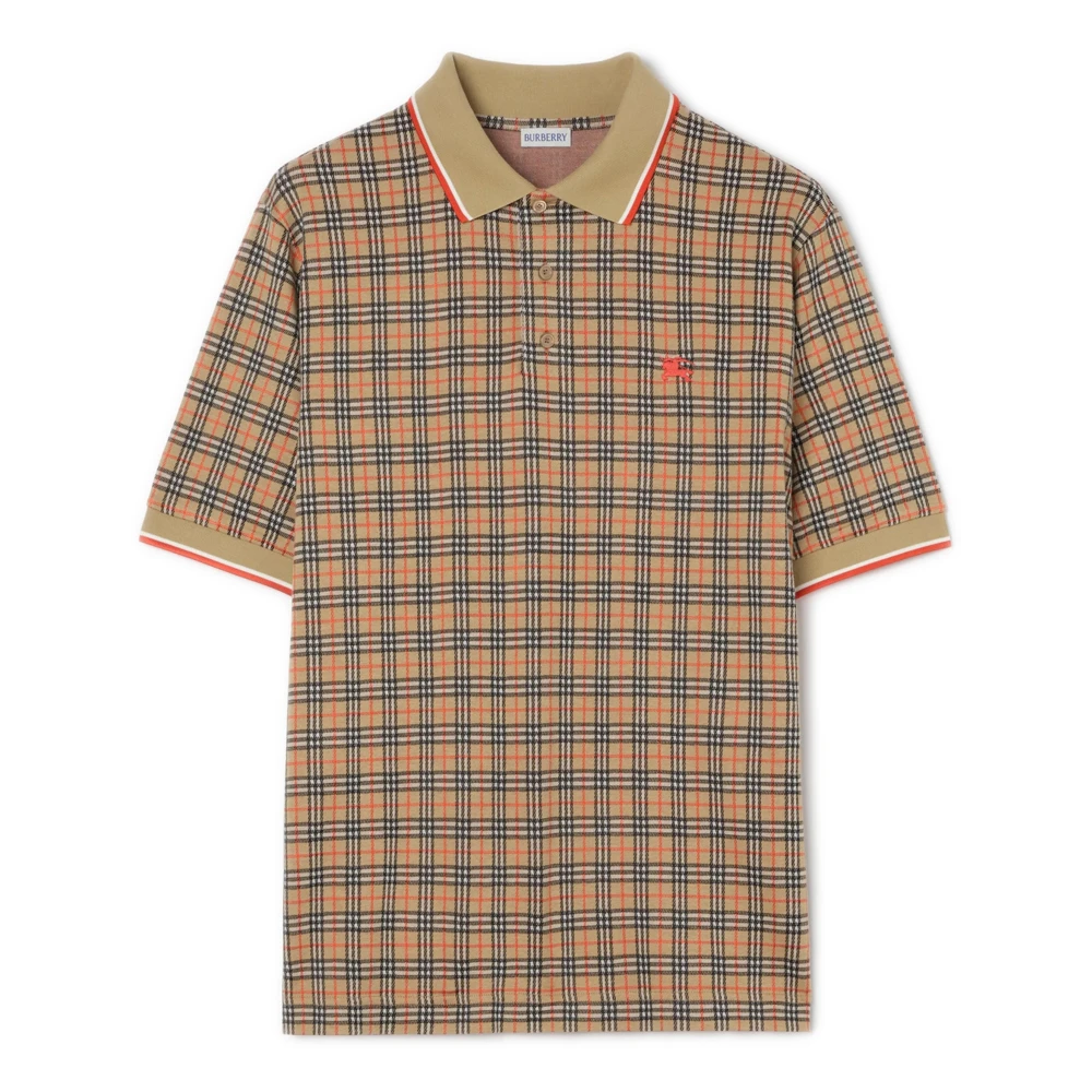Burberry Men's Beige Polo Shirts, L, Embroidered Checked Polo Shirt