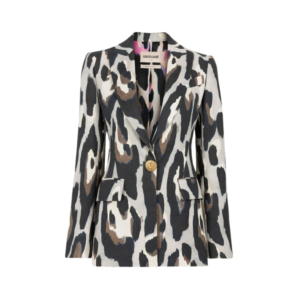 Roberto Cavalli Jaguar-Print Linen Blazer Slim Fit Multicolor Dames