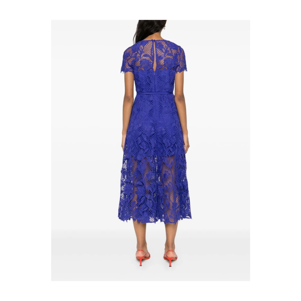 Self Portrait Blauwe Bloemen Kant Midi Jurk Blue Dames