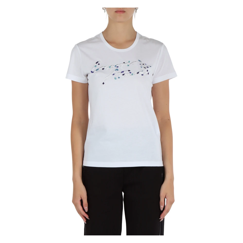 Emporio Armani Katoenen Logo Geborduurd T-shirt White Dames
