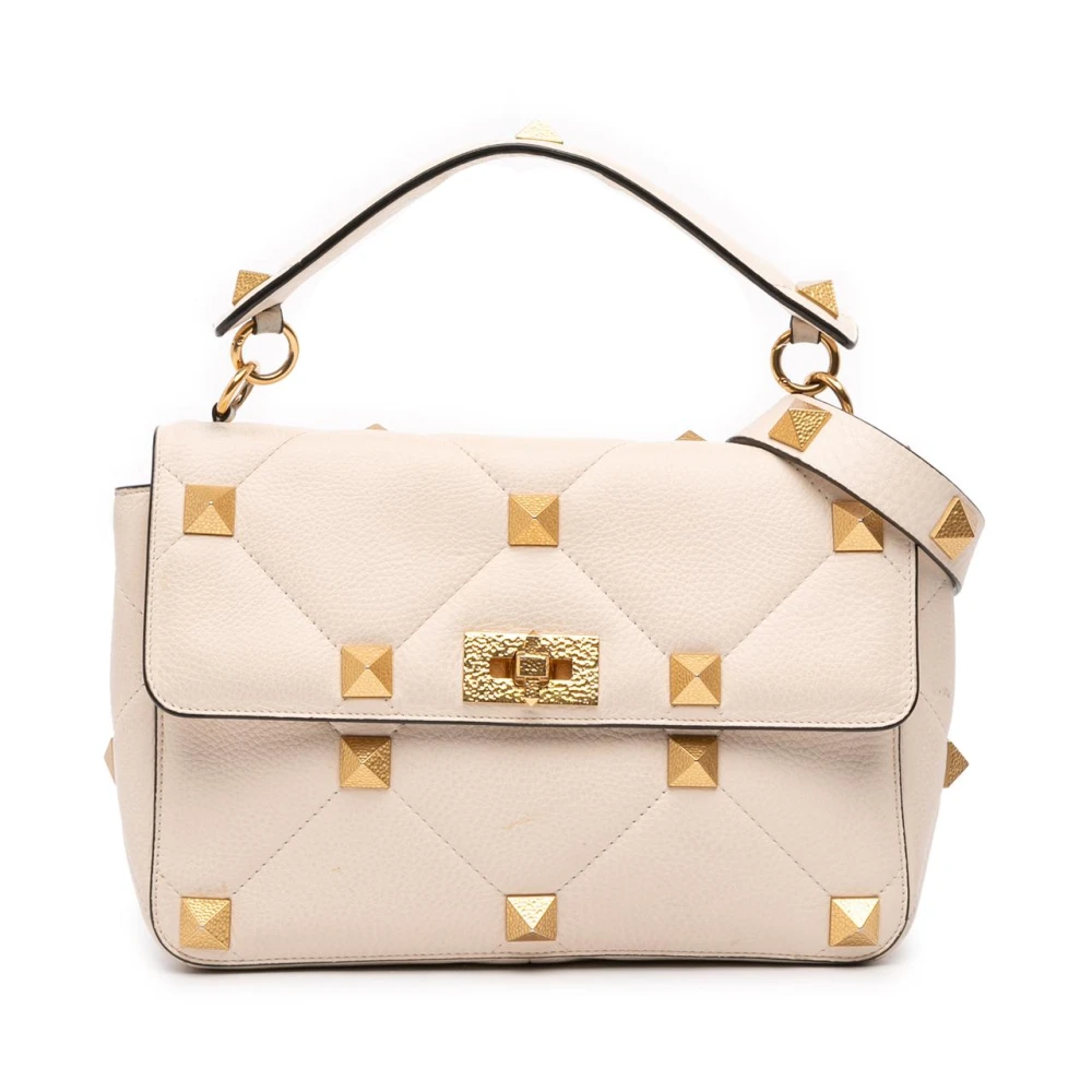 Valentino Vintage Women's White Pre-Owned Studded Leather Top Handle Bag
