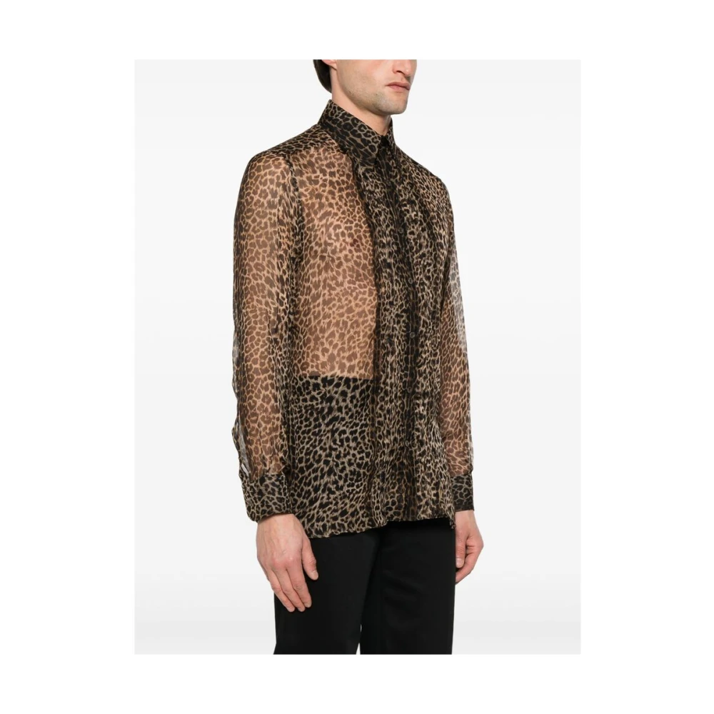 Tom Ford Animalier Bruin Shirt Knoopsluiting Plissé Brown Heren
