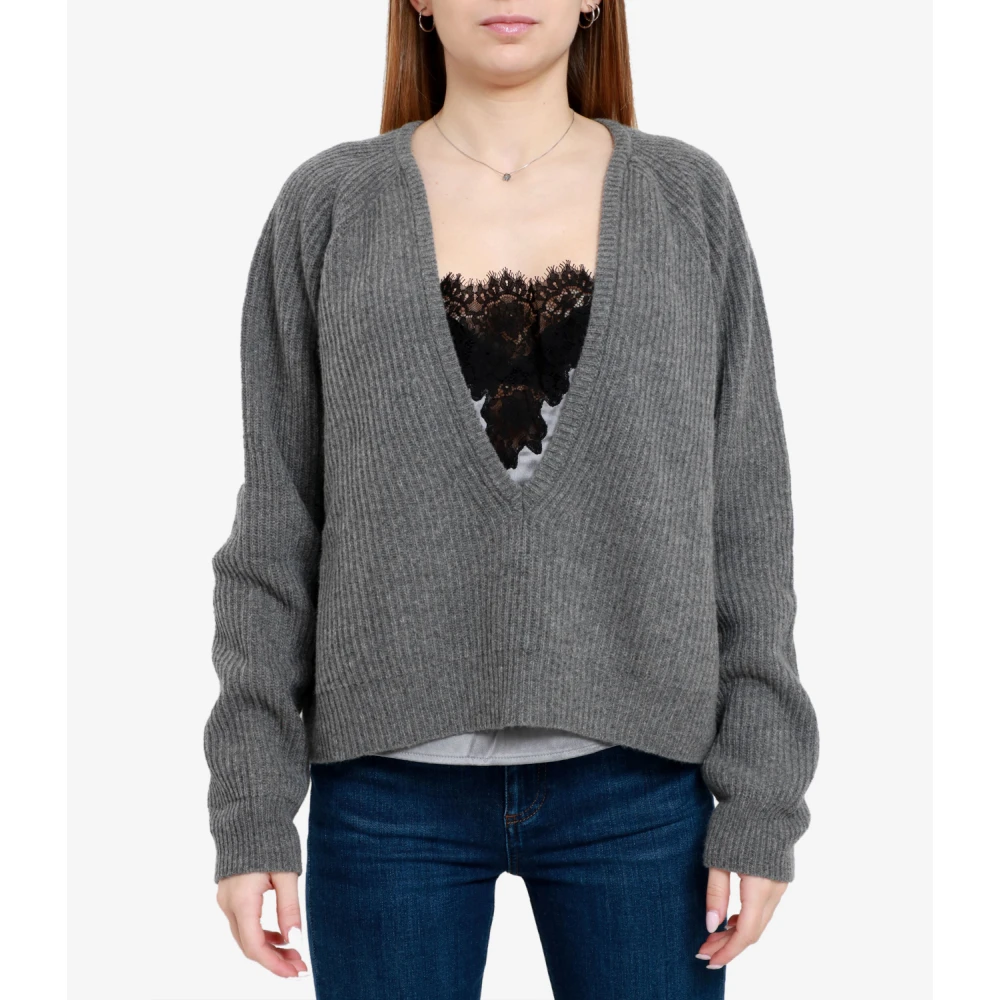 Semicouture Grijze Wollen Gebreide V-Hals Trui Gray Dames