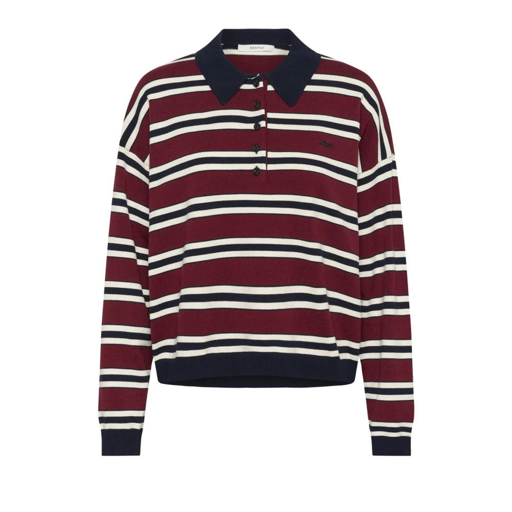 Gestuz Women's Red Striped Polo Pullover Jumper - Polo Shirts - L - Tops