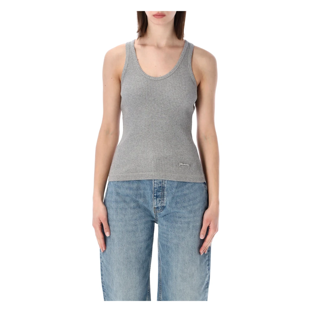 Ganni Women's Gray Cotton Rib Tank Top - Sleeveless Tops - L - Tops