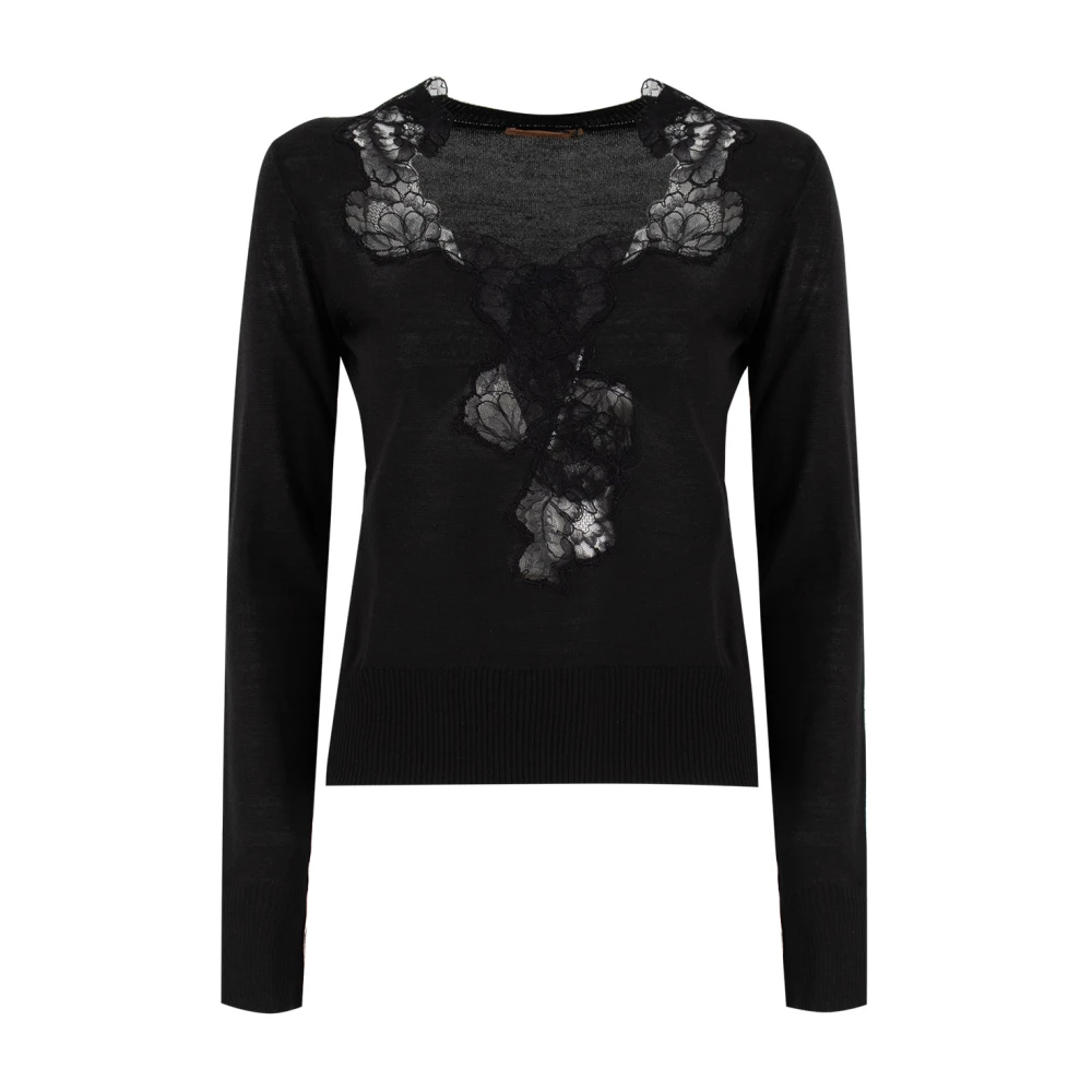 Ermanno Scervino Bloemen Kant V-Hals Gebreide Trui Black Dames