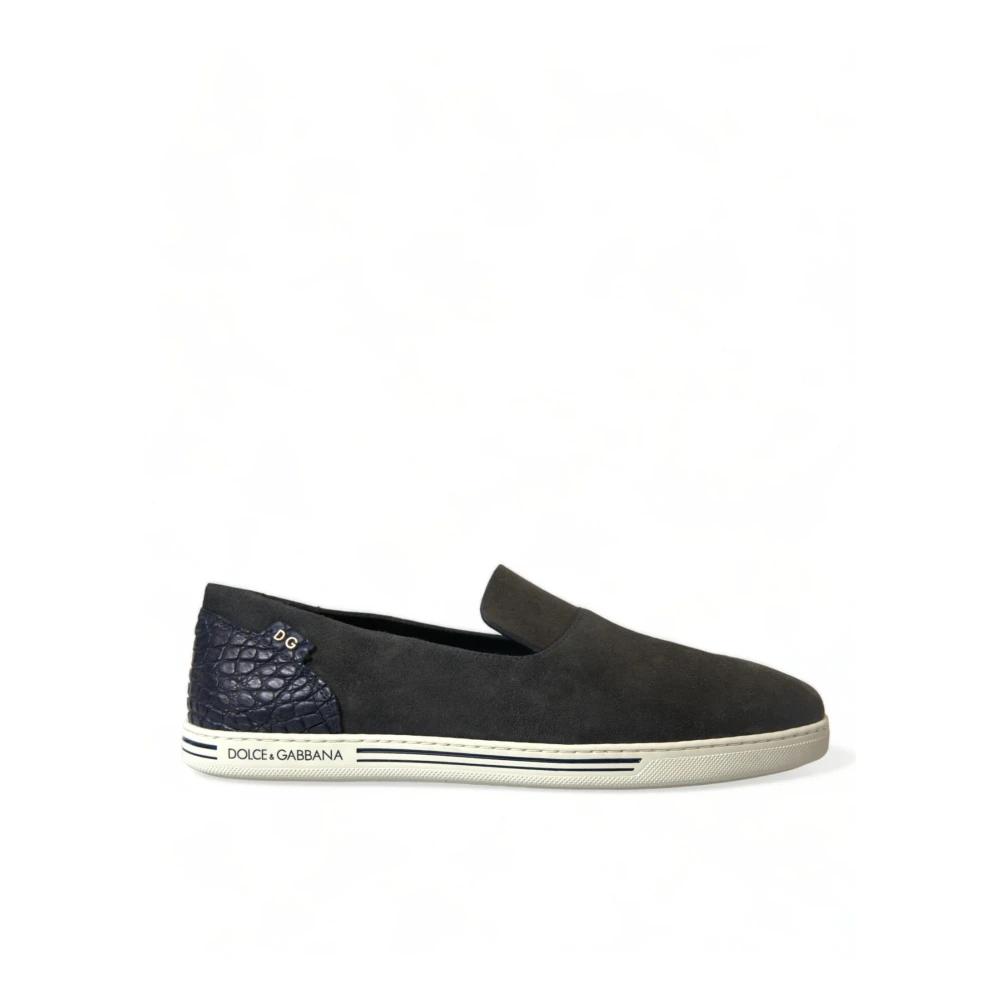 Dolce & Gabbana Men's Blue Suede Crocodile Detail Loafers