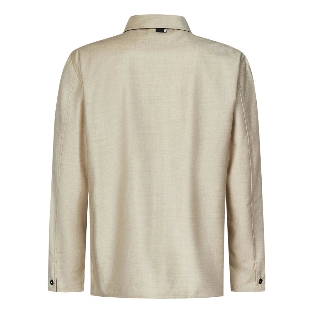 Low Brand Zand Wol Flanellen Overshirt Klassieke Kraag Beige Heren