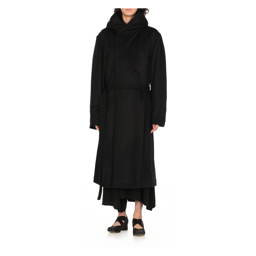 Yohji Yamamoto Zwarte Wol Kasjmier Jas Capuchon Black Dames