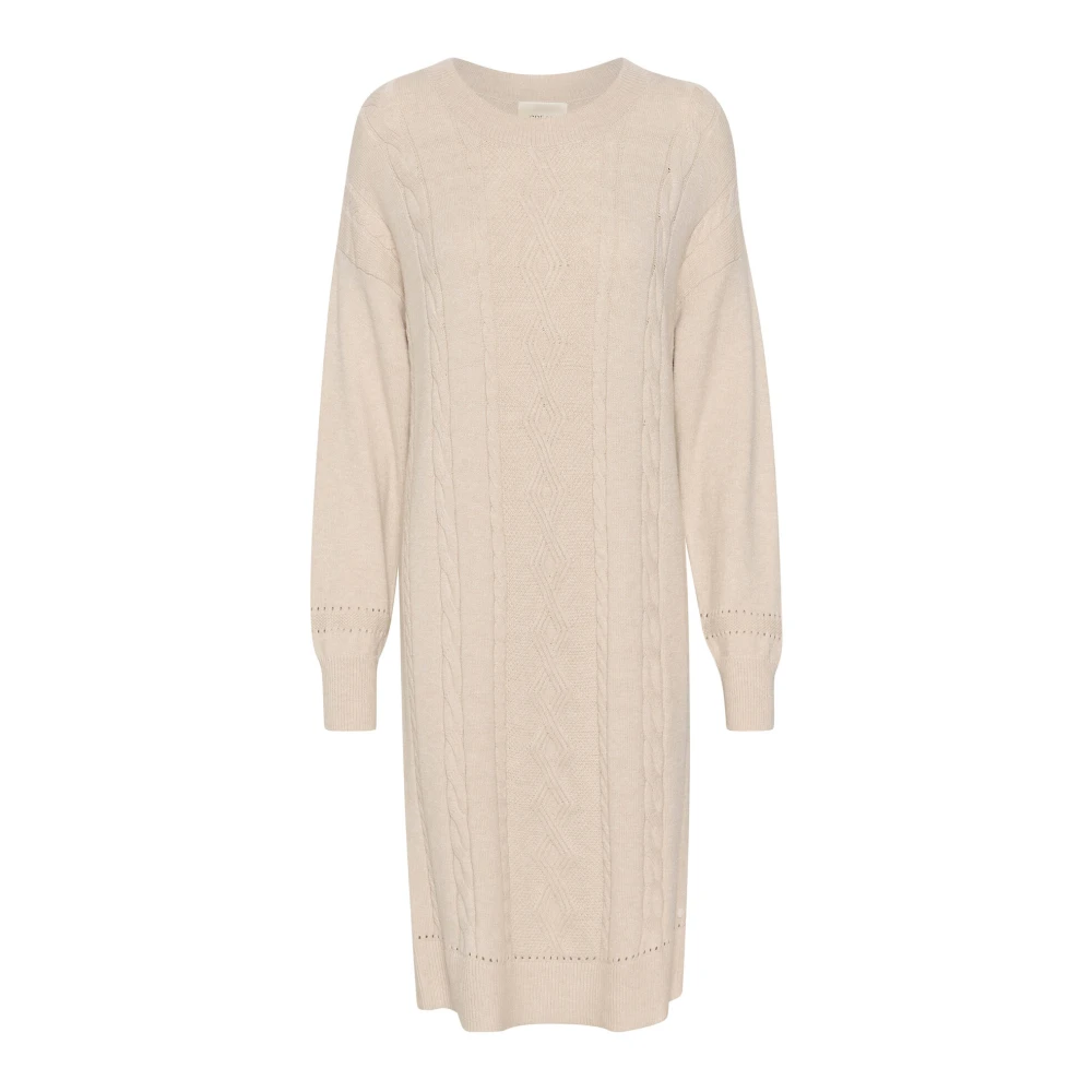 Cream Gebreide Jurk Haver Melange Pofmouwen Beige Dames