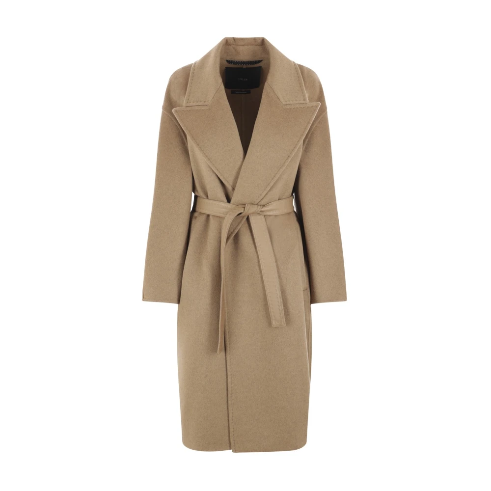 Max Mara Bruine Kasjmier Mantel met Leren Afwerking Brown Dames