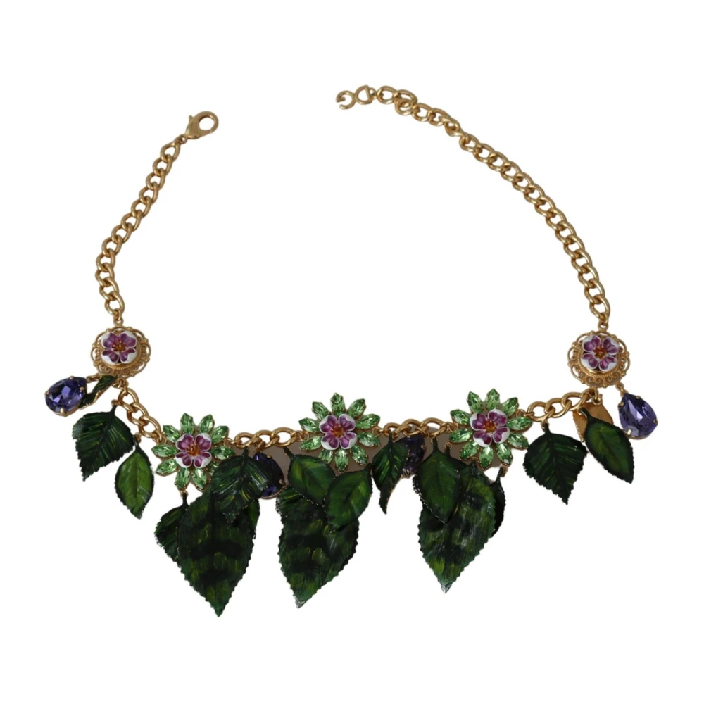 Dolce & Gabbana Women's Yellow Necklaces, One Size, Gold-Plated Crystal Necklace With Leaves Pendant