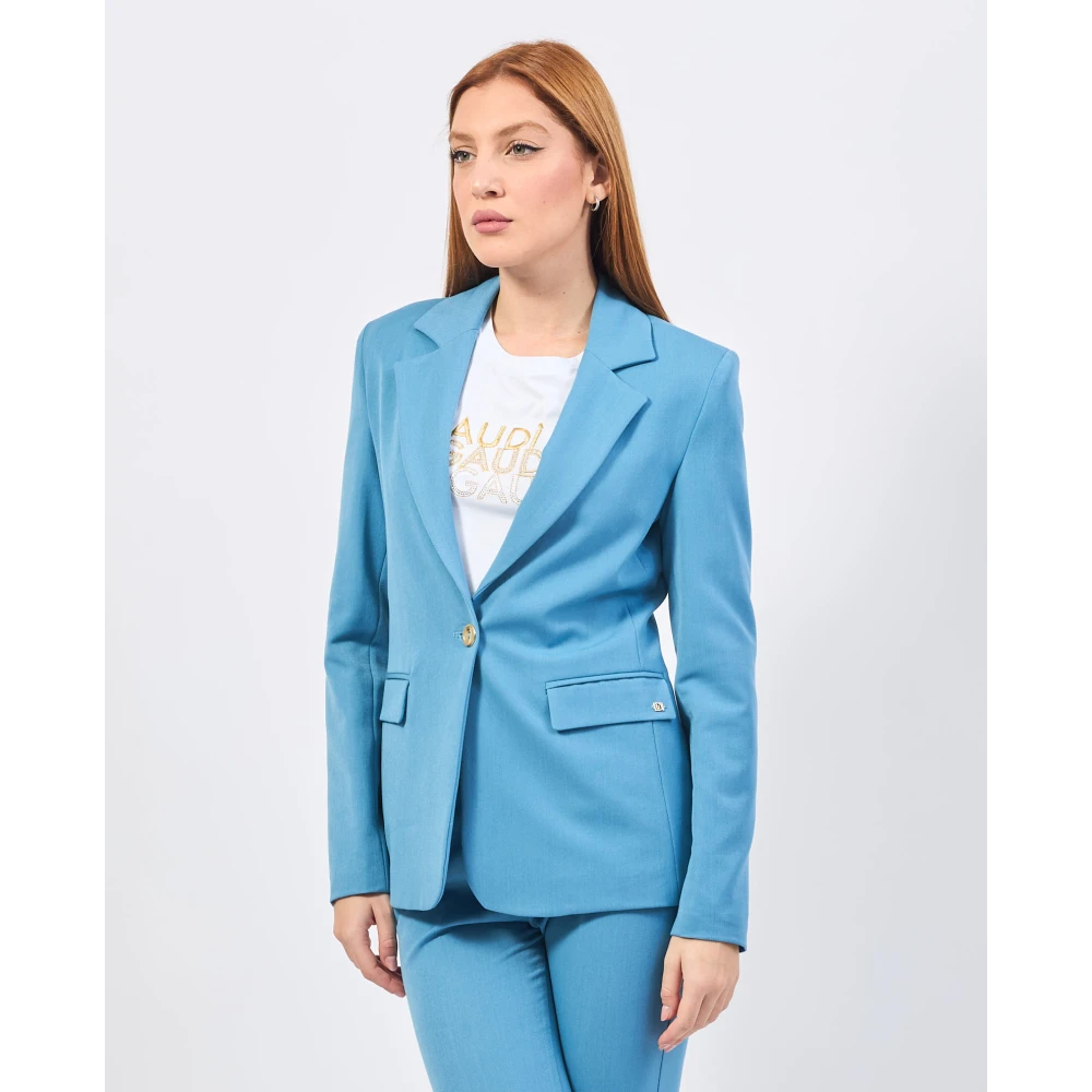 Gaudi Blauwe elastische blazer met klassieke revers Blue Dames