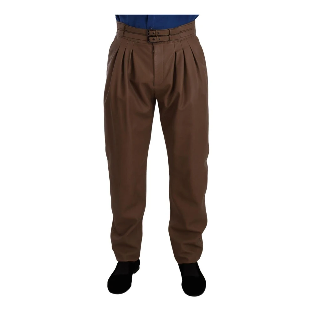 Dolce & Gabbana Men's Brown Leather Tapered High Waist Trousers - Straight Trousers - M - Trousers