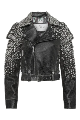 Leather Cropped Biker Jacket LS Strass