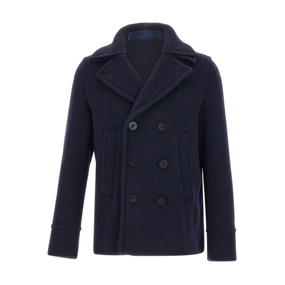 Paul & Shark Blue Double-Breasted Coats, Male, M, Double-Breasted Coat With Welt Pockets