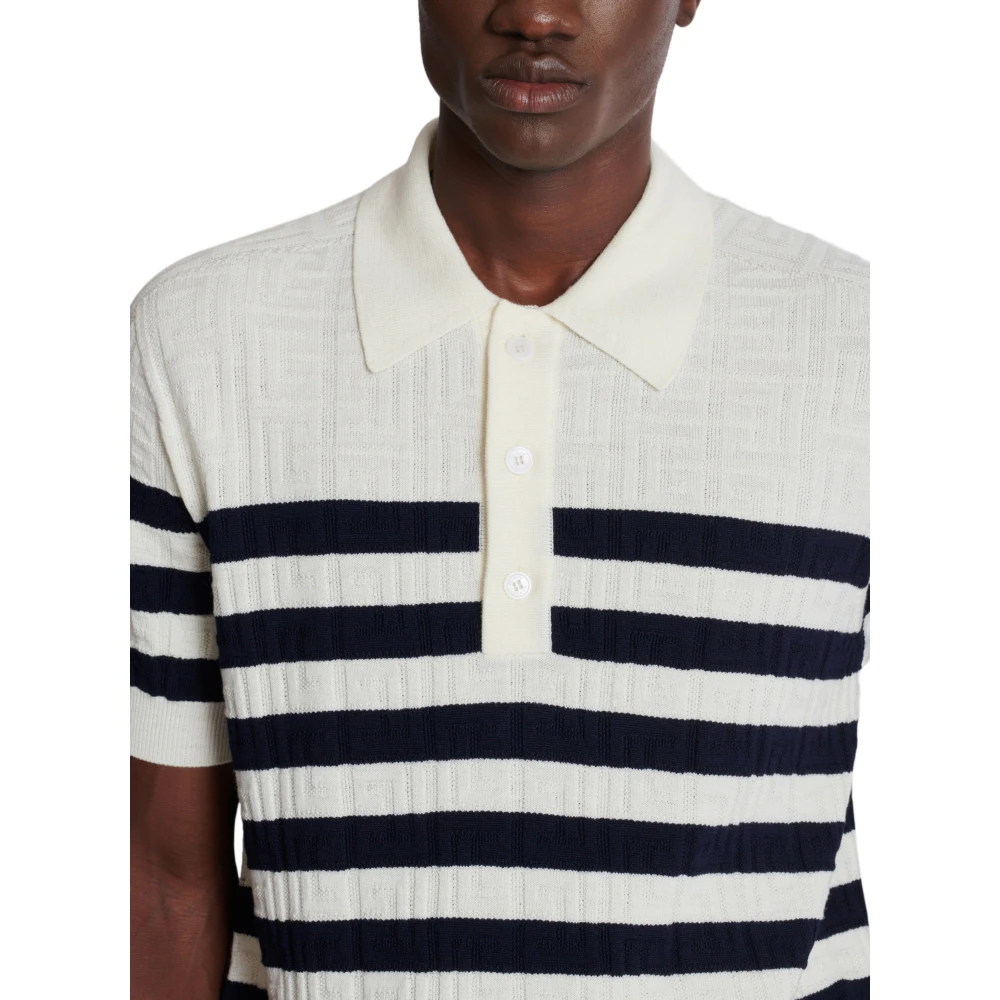 Balmain Gestreept Gebreid Poloshirt met Monogram White Heren