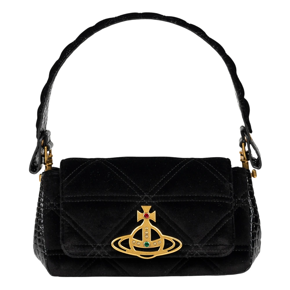 Vivienne Westwood Zwarte Gewatteerde Fluwelen Handtas met Krokodillenprint Black Dames