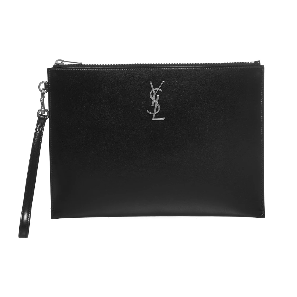 Saint Laurent Zwarte Logo Plaque Clutch Tas Black Heren